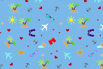 Seamless pattern. Summer, beach, love, sun, sea, palm trees. Background. Illustration. Flyer background design, advertising background, fabric, clothes, texture, textile pattern