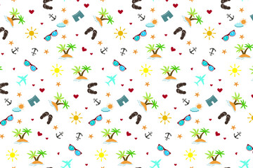 Obraz premium Seamless pattern. Summer, beach, love, sun, sea, palm trees. Background. Illustration. Flyer background design, advertising background, fabric, clothes, texture, textile pattern