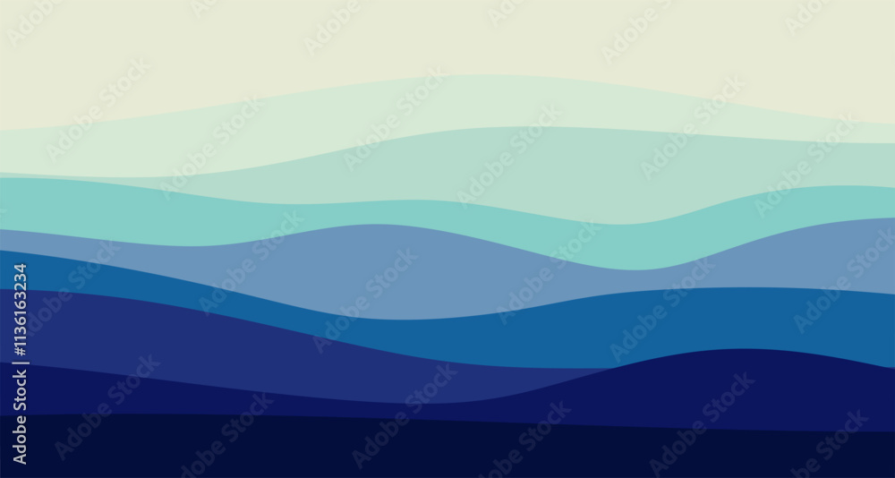 Poster blue curves and ocean waves range from soft to dark vector background flat design styles.