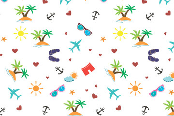 Seamless pattern. Summer, beach, love, sun, sea, palm trees. Background. Illustration. Flyer background design, advertising background, fabric, clothes, texture, textile pattern