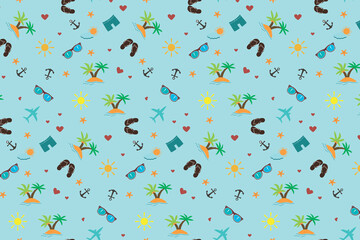 Seamless pattern. Summer, beach, love, sun, sea, palm trees. Background. Illustration. Flyer background design, advertising background, fabric, clothes, texture, textile pattern