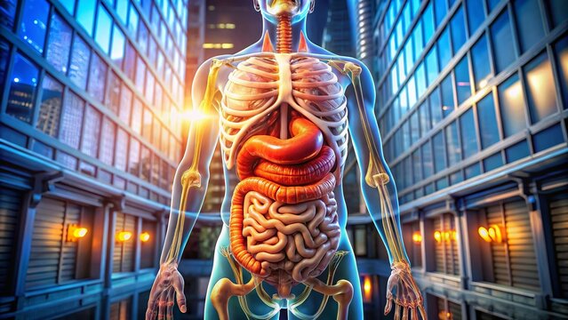 Human Digestive System Anatomy: Architectural Photography, 3D Render, Intricate Details, Internal Organs, Gastrointestinal Tract, High Resolution