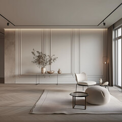 Aesthetic elegant minimalist modern interior design. Clear mock up empty wall for decoration in the apartment. Copy space in the room. Neutral palette of natural colors.