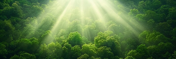 climate change global warming reforestation concept. Sunlight filtering through lush green forest canopy.