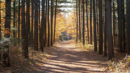 Forest path with fall foliage and trees.