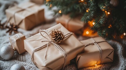 Christmas gifts wrapped in brown paper are lying under decorated christmas tree with lights