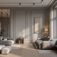 Aesthetic elegant minimalist modern interior design. Clear mock up empty wall for decoration in the apartment. Copy space in the room. Neutral palette of natural colors.
