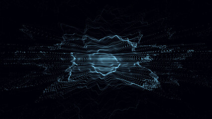 Abstract technology blue wave with motion glowing dots. AI in virtual reality on digital background. Particle explosion. Wireframe texture. Dynamic analysis a network connection data.