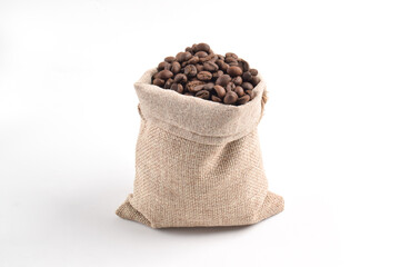 Roasted coffee bean in sack bag isolated on white background.