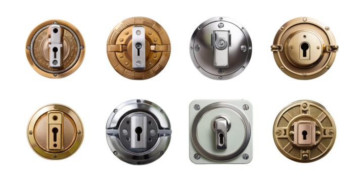 Diverse Collection of Circular Door Locks in Various Styles, PNG collection, set bundle, isolate on transparent or white background