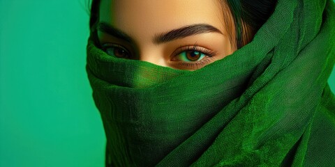 Woman wearing a green scarf with her eyes closed
