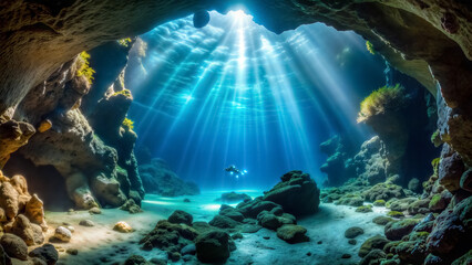 Obraz premium Underwater sea cave with bathyscaphe and light beams