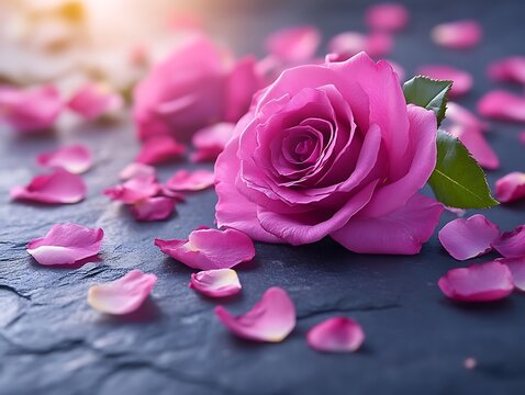 A single pink rose with scattered petals on a dark surface