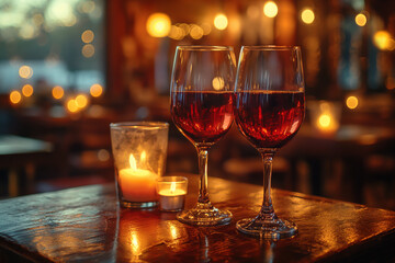 Evening relaxation with red wine and candlelight at a cozy venue. Generative AI