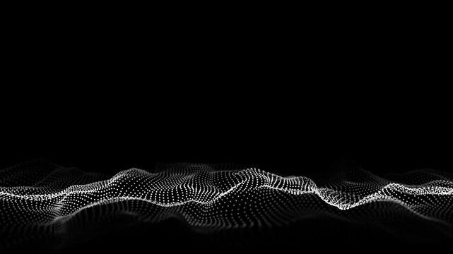 Dark cyberspace in digital background. Abstract technology black wave with motion dots and lines. Connection big data. Futuristic wireframe texture. Analysis a network connection. 3D rendering.
