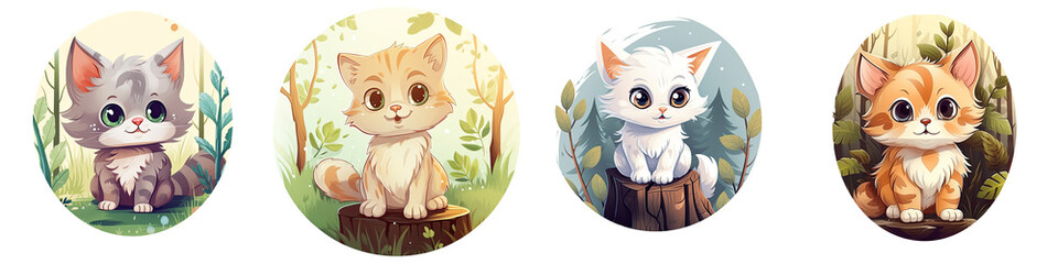 Fototapeta premium Cute cartoon cats sitting on logs in forest setting, showcasing various colors and expressions