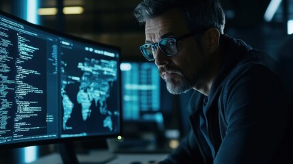 Focused Programmer Analyzing Data on Computer in Dark Office Setting