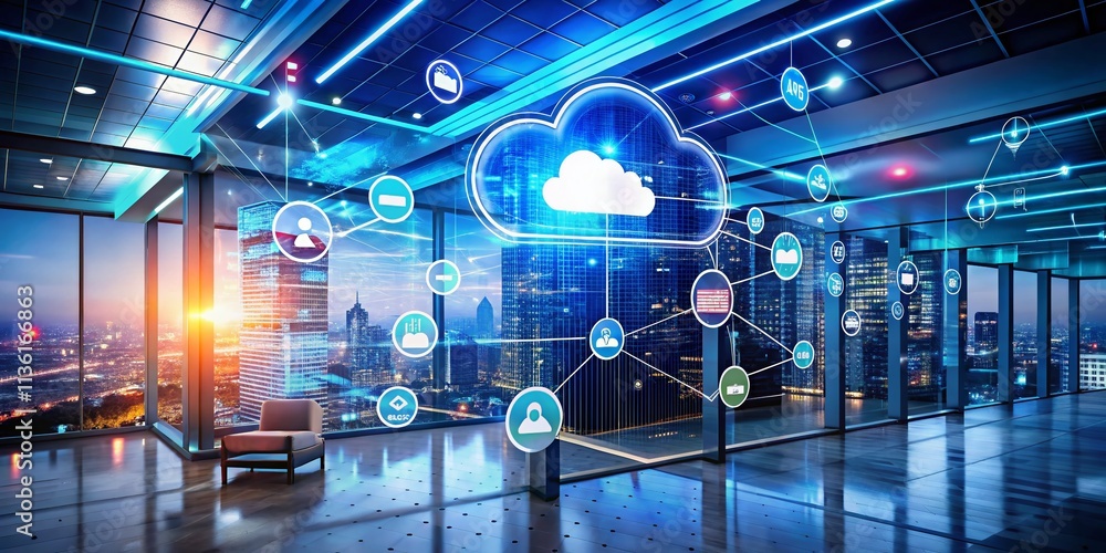 Poster innovative conceptual photography depicting the integration of cloud computing platforms in modern b