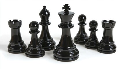 Black Chess Pieces Set on White Background for Strategy Game