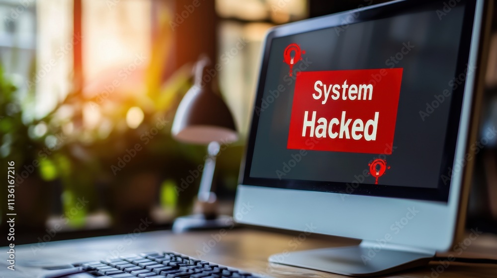 Poster computer screen showing system hacked alert with office background