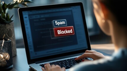 User Blocking Spam Messages on Laptop Screen in Modern Office Setting