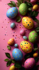 Obraz premium Bright colored Easter eggs with different patterns for Easter. On a beautiful pastel background with flowers and space for text