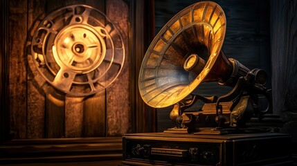 Obraz premium Vintage Gramophone with Golden Horn and Wooden Background