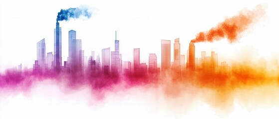 Fototapeta premium Energy use concept. City skyline with colorful smoke and industrial pollution effects.