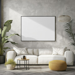 Frame mockup, ISO A paper size. Living room wall poster mockup. Interior mockup with house background. Modern interior design. 3D render