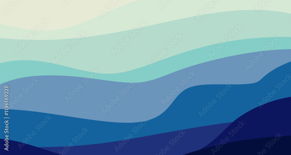 Poster blue curves and ocean waves range from soft to dark vector background flat design styles.