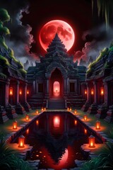 Fototapeta premium A mystical lunar eclipse over an ancient temple, with glowing lanterns