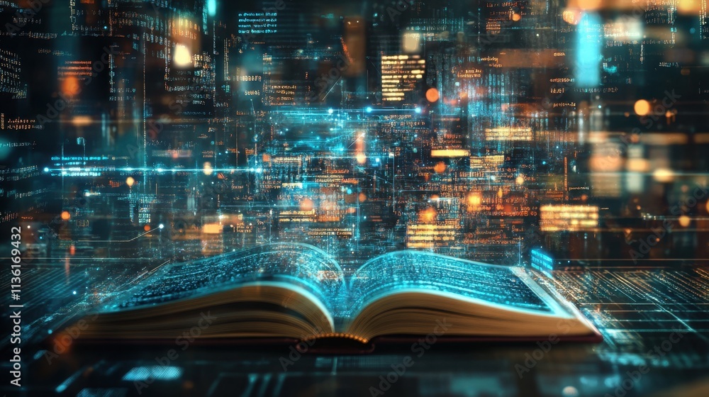 Poster open book with digital data streams in futuristic setting