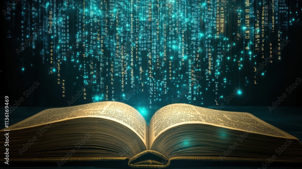 Poster open book with glowing text and digital data falling down