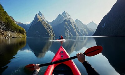 A person kayaking in serene waters surrounded by mountains.