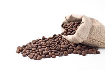 Coffee beans in bag isolated on white background