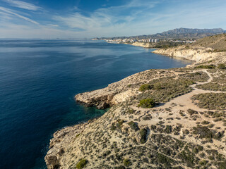 Villajoyosa mediterranean coast aerial view with turquoise water in Costa Blanca of Alicante, Spain - stock photo