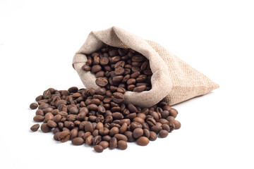Coffee beans in bag isolated on white background