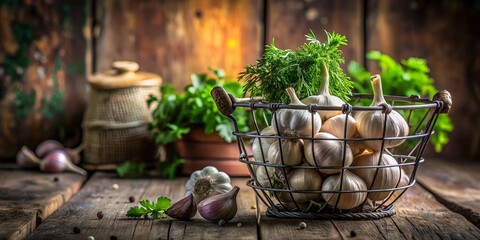 Fresh Garlic in a Rustic Metal Basket Surrounded by Aromatic Herbs Hanging on a Wooden Wall for a Cozy Kitchen Aesthetic and Culinary Inspiration