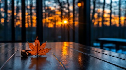 Maple leaf on table during sunset.