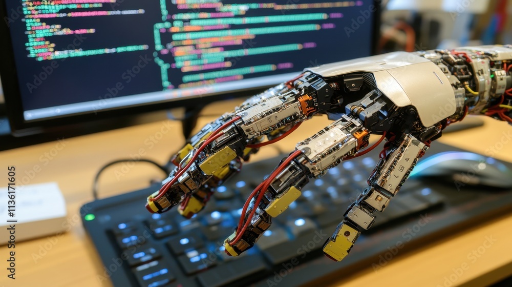 Poster robotic hand prototype manipulating digital code on desktop screen