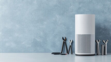 Air purifiers filter and improvement, A sleek white smart speaker stands next to various tools against a textured blue background, suggesting a blend of technology and DIY.