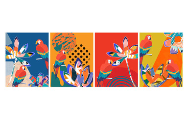 Vector Nature Inspired Cards with Floral and Leaf Motifs and Parrots in Modern Design Style