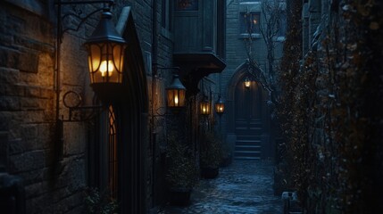 Mysterious Cobblestone Alleyway with Vintage Lanterns at Night