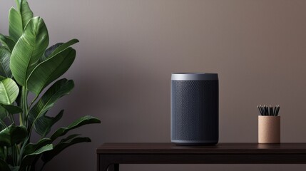 Air purifiers filter and improvement, A modern room featuring a sleek air purifier next to a potted plant and a container of pens on a wooden table against a neutral wall.