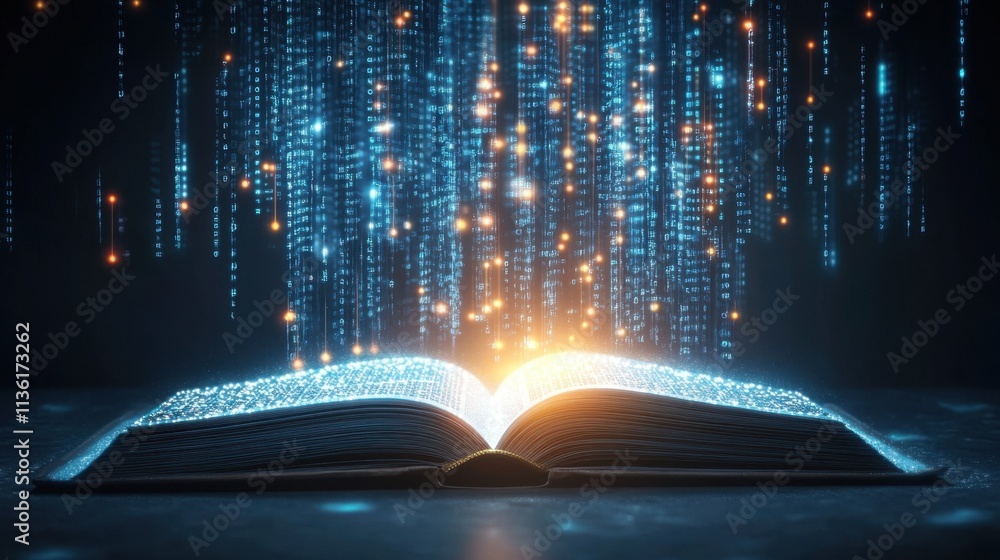 Poster magical open book with floating light particles and binary code
