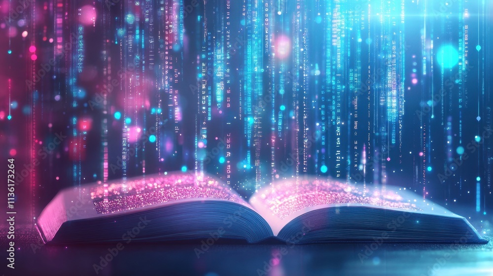 Poster open book with glowing binary code and colorful light effects
