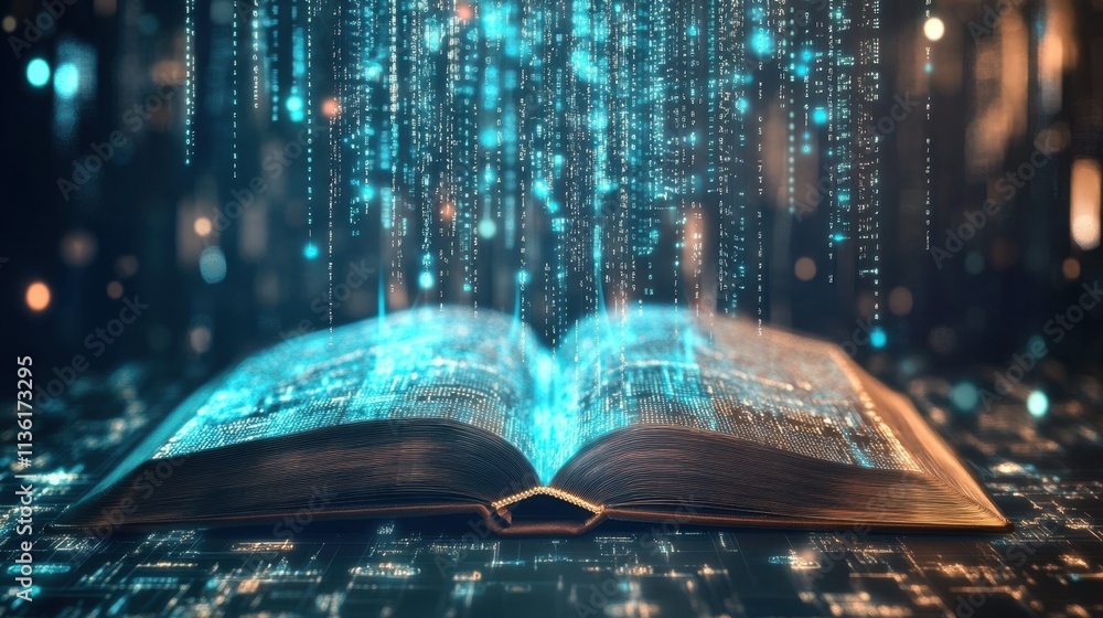 Poster open book with floating digital binary code and light effects