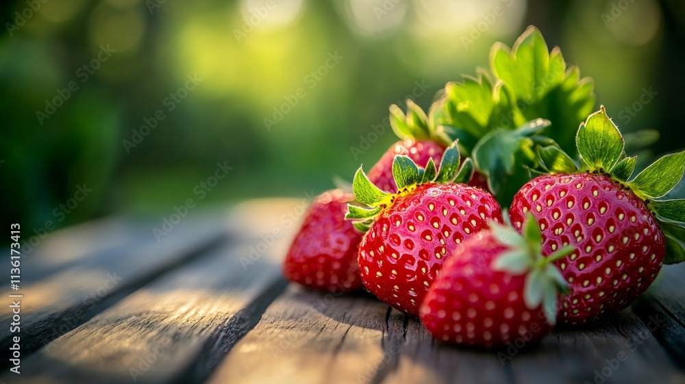 Poster fresh strawberries resting on rustic wooden table in soft sunlight