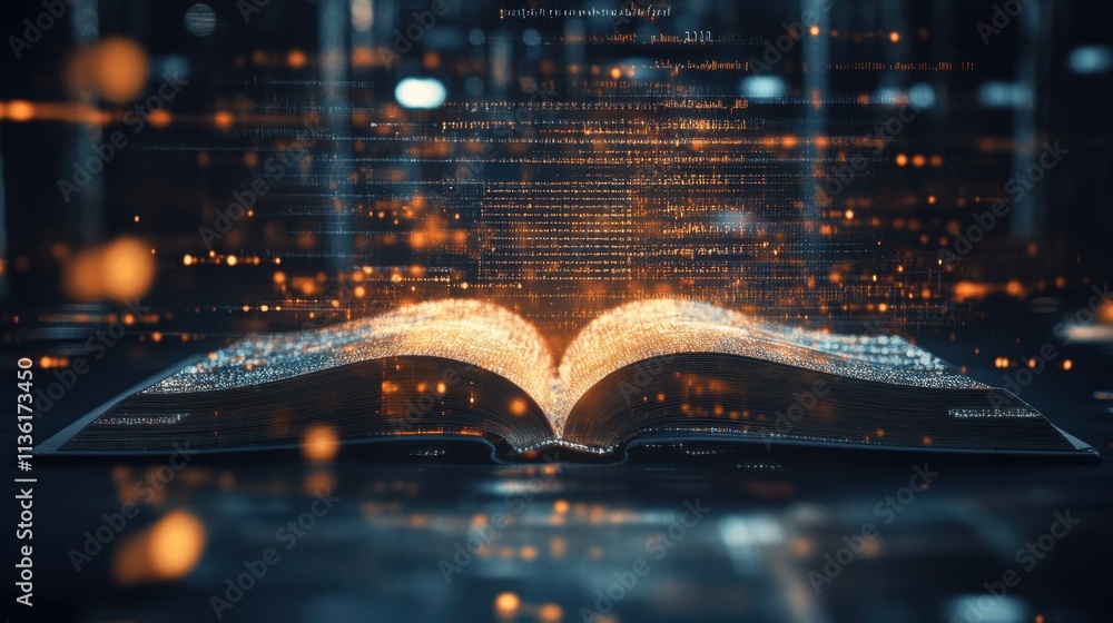 Aufkleber open book with glowing data streams in dark technology background