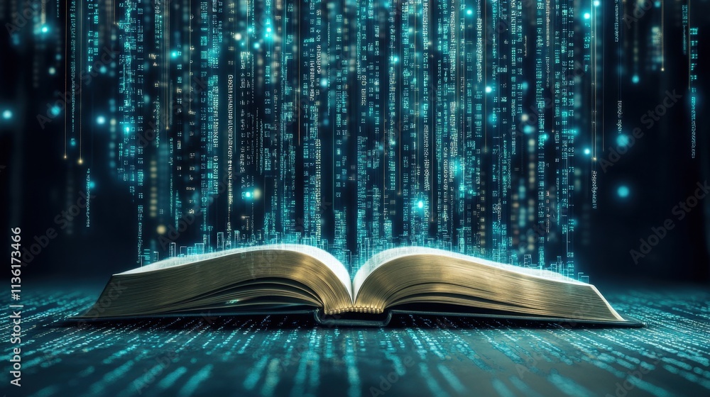 Poster open book with digital data streams and binary code background